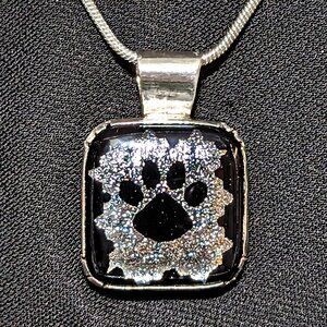 Wow Silver & Black Signed PAW PRINT Dichroic Glass Bezel Sterling Silver Pendant